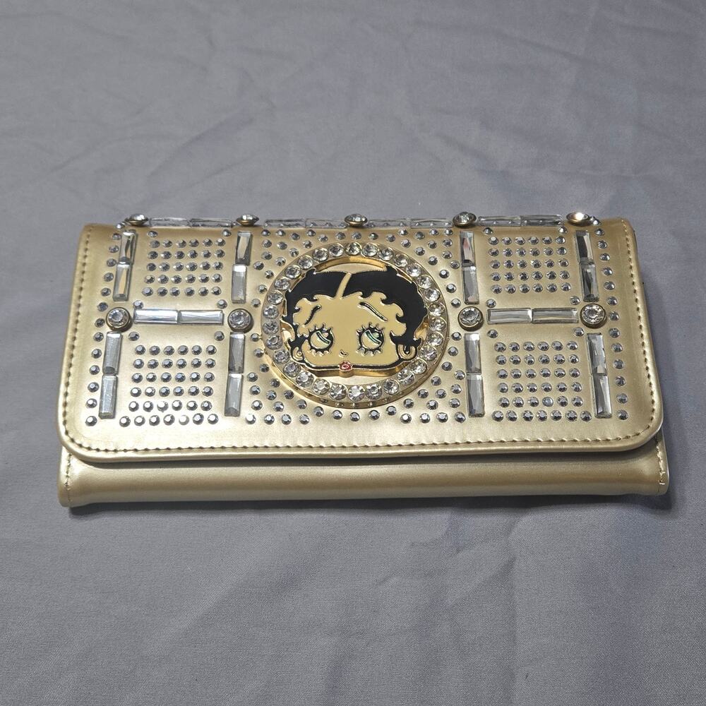 Betty Boop Gold Tri-Fold Wallet - Rhinestone & Stud Encrusted